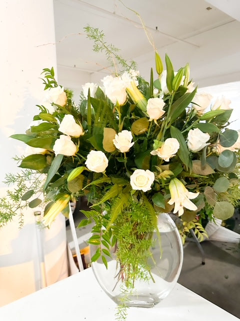 lily and white rose bouquet Elegant White Rose and Lily Bouquet – flower arrangement | Irvine, CA