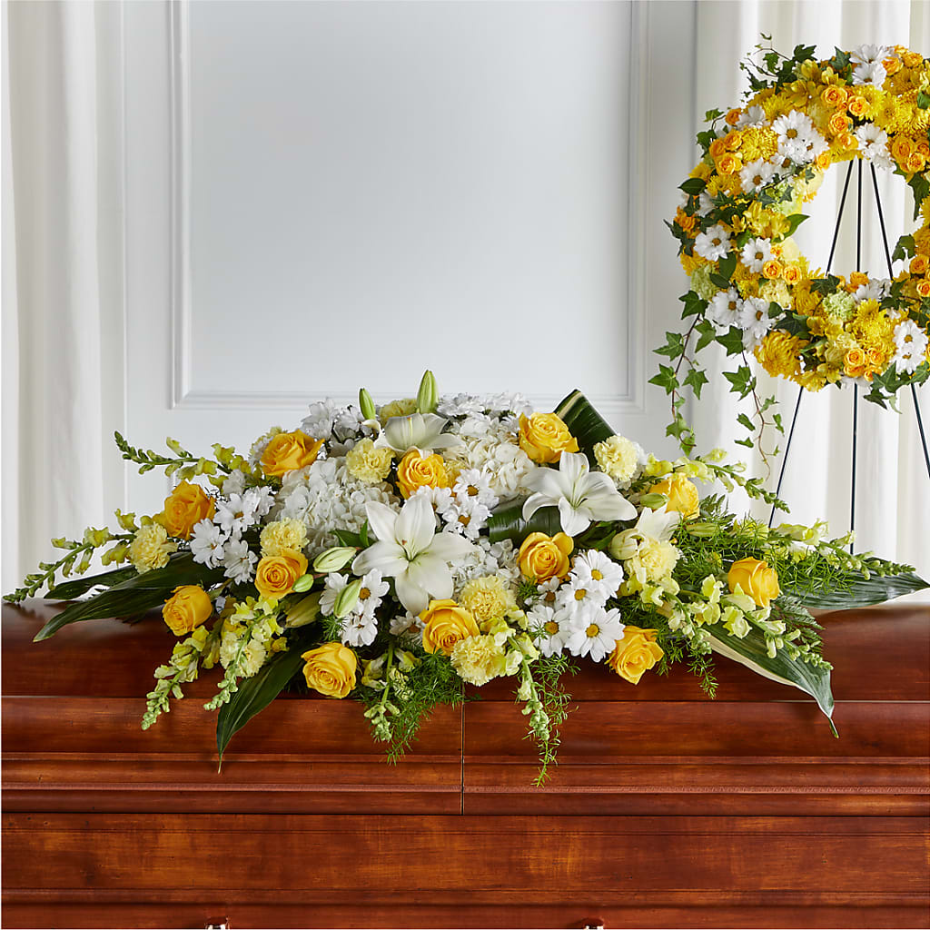 Golden Harmony Casket Spray – AZAR FLRST INC/NEWPORT BEACH FLRST & GDN, Irvine CA
